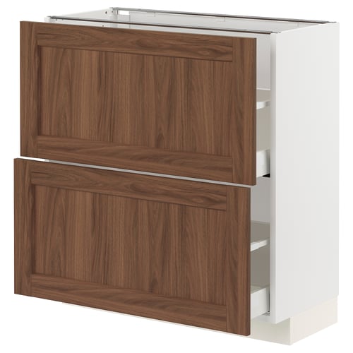 An ikea METOD kitchen cabinet with walnut-colored doors, featuring a classic wood design.