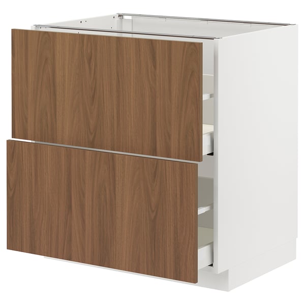 Modern kitchen unit, white & brown walnut drawers, sleek design, metal rails, 3 drawers.