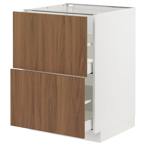 White METOD cabinet with walnut drawers, sleek and modern design.