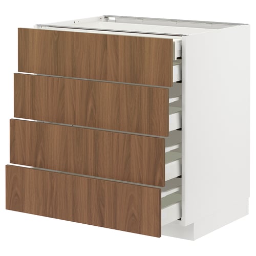 Modular kitchen cabinet, white & walnut, four drawers, sleek design.