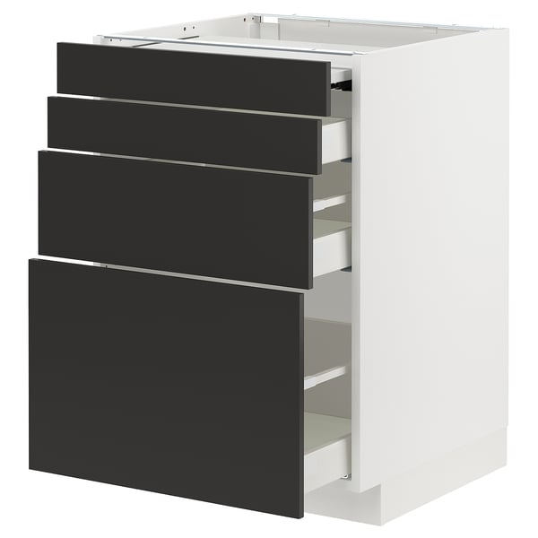 Modern kitchen unit with 4 black drawers, white frame, sleek design.