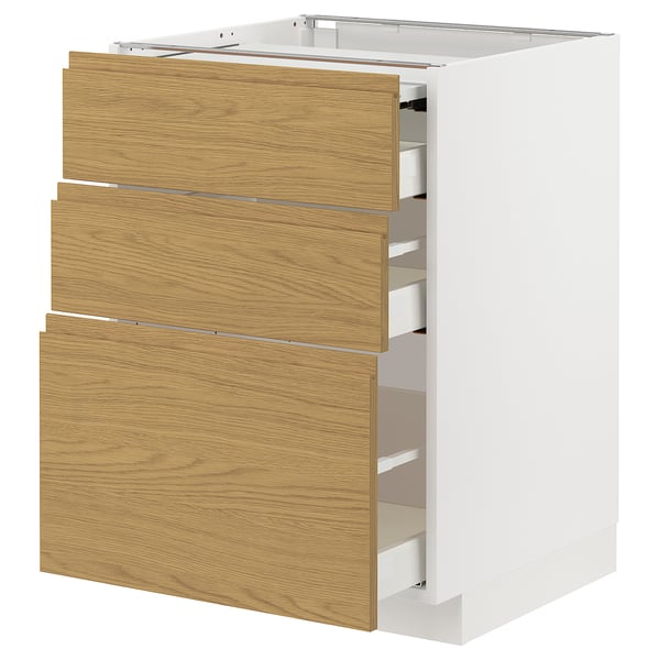 White METOD kitchen cabinet with oak-effect drawers.