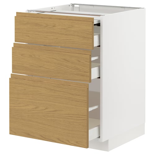 White METOD kitchen cabinet with oak-effect drawers.
