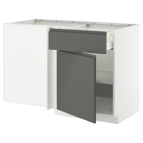 Modern kitchen unit in white and grey with dark grey drawers and cabinet doors; sleek, minimalist design.