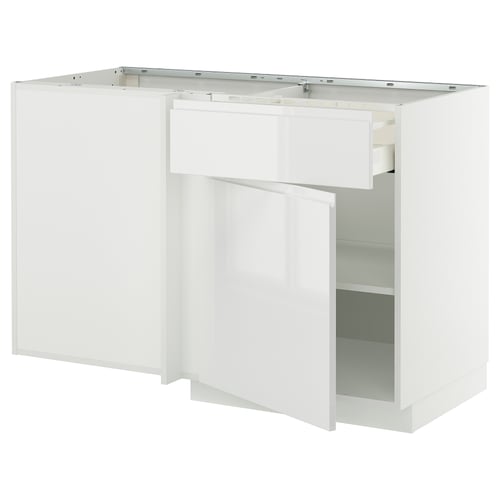 Ikea METOD high-gloss white kitchen cabinet with drawer and shelves.