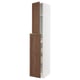 White tall kitchen cabinet with walnut doors, featuring two compartments.