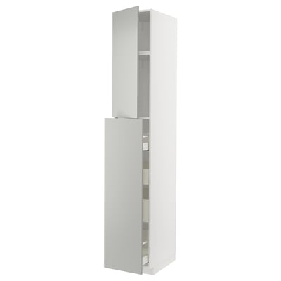 A tall, white METOD kitchen cabinet with mirrored doors and multiple shelves inside. Its sleek and modern, perfect for kitchen storage.