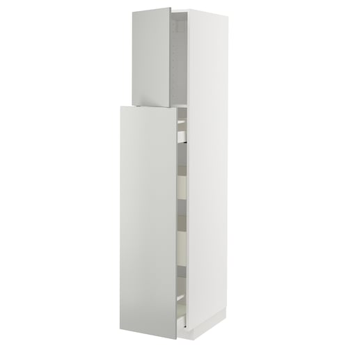 A tall, white METOD kitchen cabinet with a modern, minimalist design, featuring multiple shelves behind grey-toned doors.