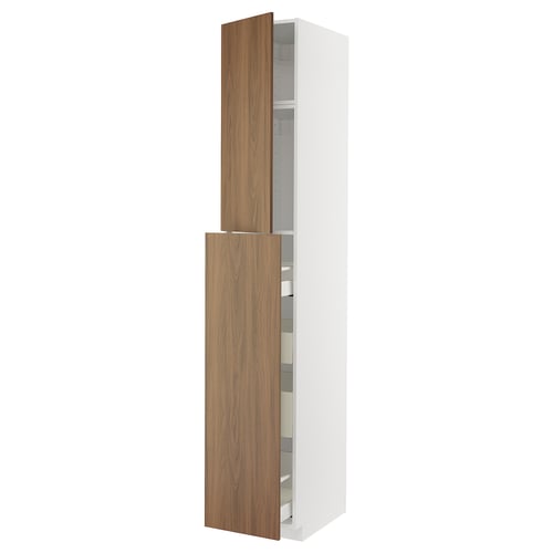 METOD kitchen unit, white & walnut, tall, 3 doors, sleek design, wood grain doors, smooth finish.