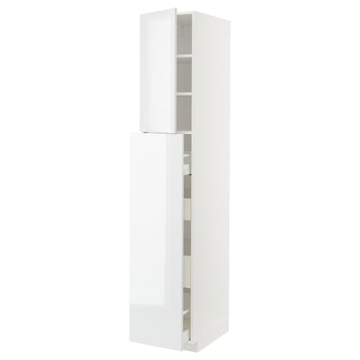 High gloss white kitchen cabinet with shelves and drawers, modern design, ikea METOD system.