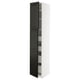 A tall METOD kitchen cabinet with black bodbyn doors and white frames. It has multiple shelves inside.