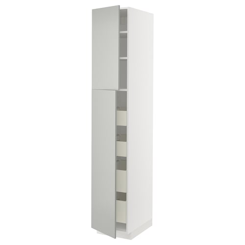 Modern white tall cabinet with multiple shelves, sleek design, sturdy material, minimalist look.