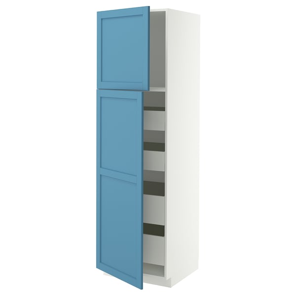 A METOD tall cabinet with blue doors, featuring multiple shelves inside.