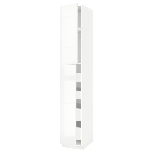 A white, tall cabinet from the METOD kitchen system. It has multiple shelves inside and a modern, high-gloss finish.