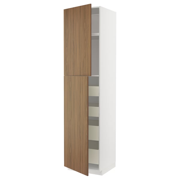 A tall white cabinet with modern wooden doors. It multiple shelves inside, offering storage.