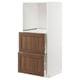 Wall-mounted kitchen cabinet in white with wooden drawers. Tall, rectangular, two drawers, sleek design.