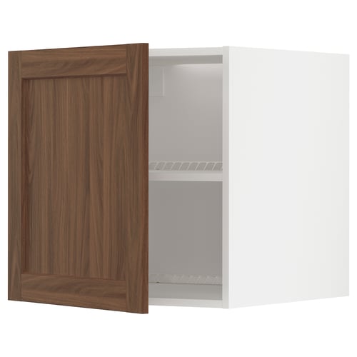 METOD kitchen unit with walnut-brown doors, white interior and single shelf.