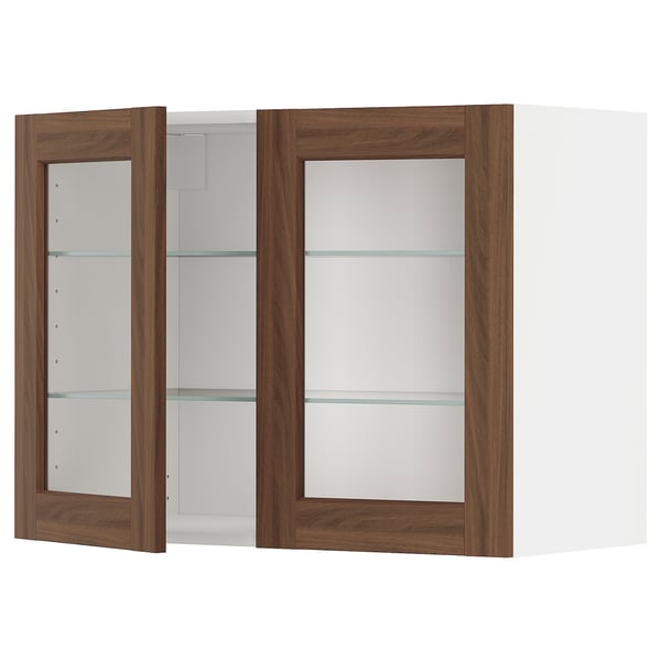 METOD kitchen wall unit, white & walnut, glass shelves, open doors.