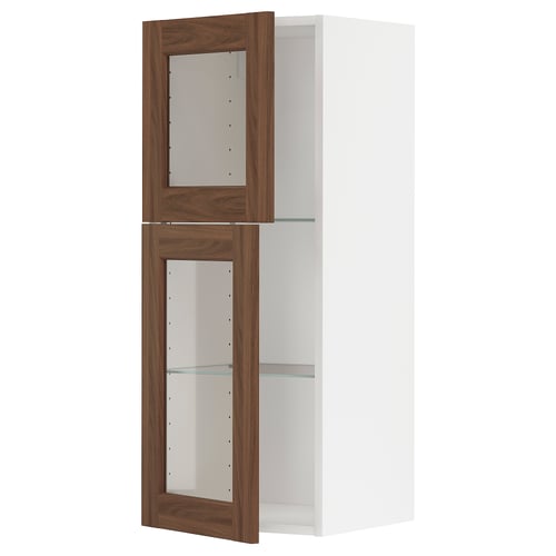 White METOD kitchen cabinet with walnut glass doors.