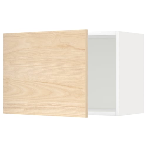 Open kitchen cabinet with light wood door, white frame; modern, minimalist design.