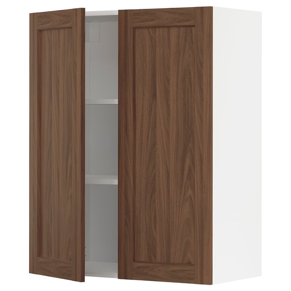 Open METOD kitchen cabinet with walnut doors, white interior, adjustable shelf.
