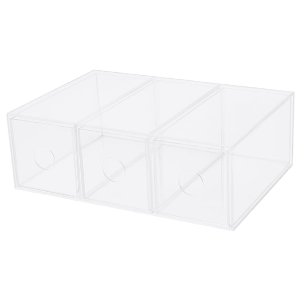 A MOJAN clear acrylic storage box with three drawers for organising makeup and jewellery.