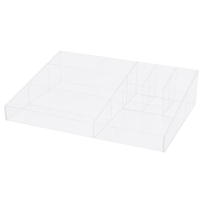 Clear acrylic make-up organiser tray with varied compartments for storage.