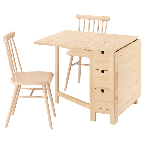 IKEA NORDEN light wood foldable table and chairs set. Storage drawers, natural finish, scandinavian design.
