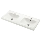 Double sink vanity in white, smooth curved design. Perfect for modern bathrooms.