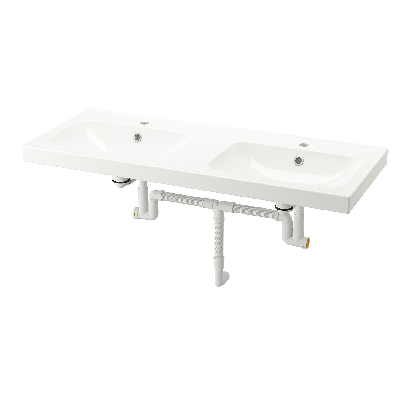 Double white ceramic bathroom sinks. Modern, rectangular design with integrated drains and exposed plumbing.