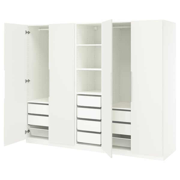 A white PAX wardrobe with open doors, featuring shelves, drawers, and a mesh basket for clothing storage.