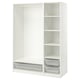 A white PAX wardrobe system with an open closet and shelves, including mesh storage baskets.