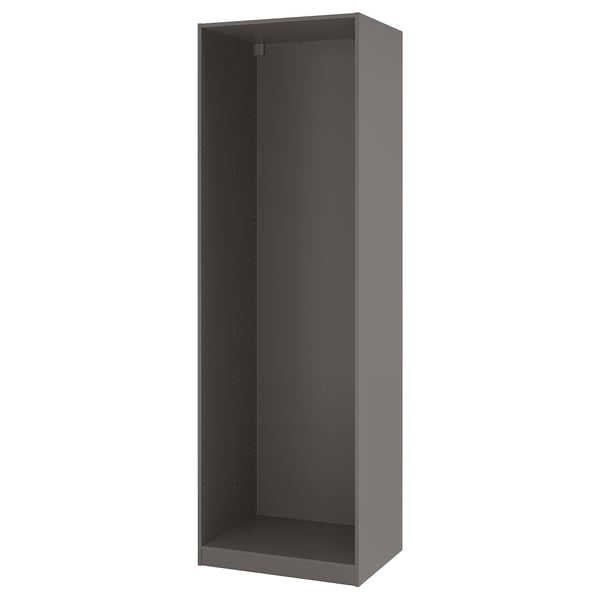 Grey ikea PAX wardrobe frame, tall, round corners, adjustable feet, wall-mountable.
