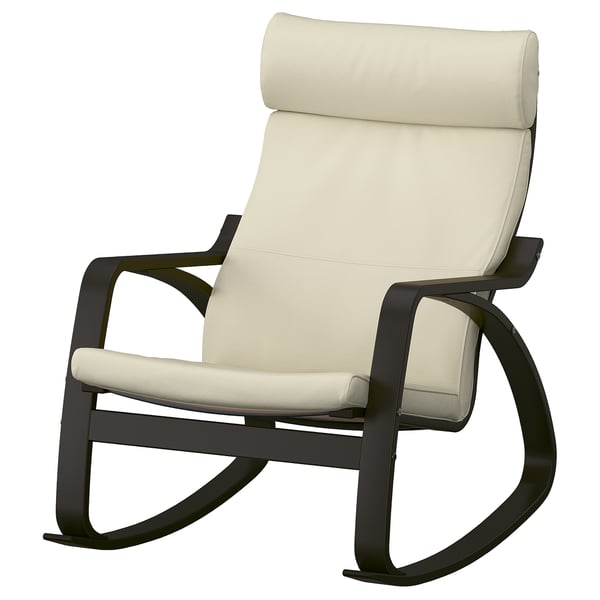 Beige POÄNG rocking chair with dark frame, curved design for comfort.