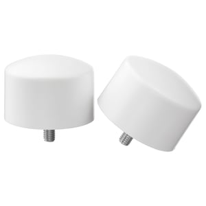 Two white, round RAFFIG curtain rod finials, plastic with metal screws.