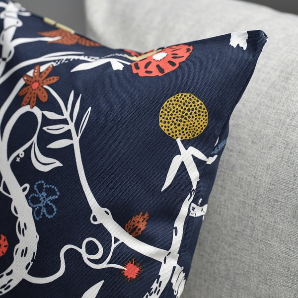 Wildflower-patterned pillow, dark blue, white, red, yellow flowers