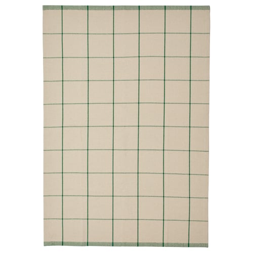 RIDSTIG: off-white and green chequered cotton rug, rectangular, with flat weave for easy cleaning.
