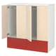 White ikea SMÅSTAD wardrobe with red drawers, light wood doors, minimalist.