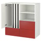 A modern white and red childrens wardrobe with open shelves and drawers, designed for easy access and organisation.