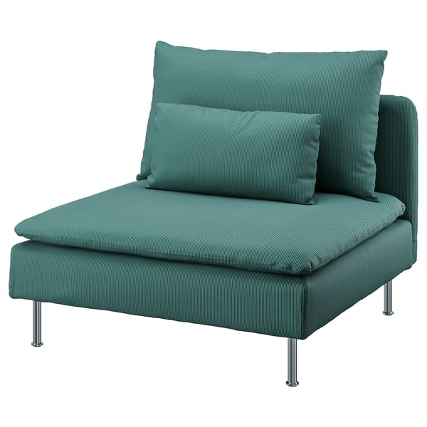 Teal SÖDERHAMN armchair with metal legs, plush, deep seat, cosy design.