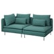 Modern teal sectional sofa with cushions, sleek metal legs, deep seats, and soft corduroy fabric.