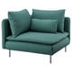 Soderhamn teal chair: cosy, textured, metal legs, curved back, deep seats.