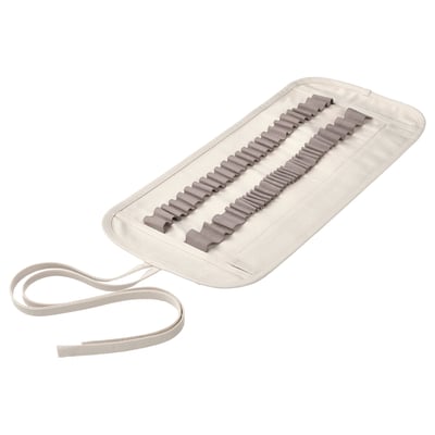 Beige pencil case with pen slots, protective flap, and securing straps.