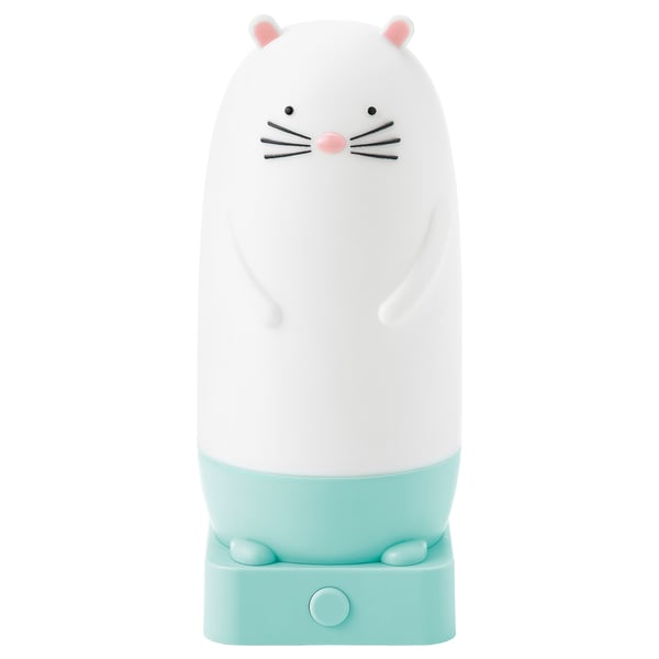 SPIKEN is a charming white, cat-shaped night light on a turquoise base, featuring a soft glow with changeable colours, perfect for kids rooms.