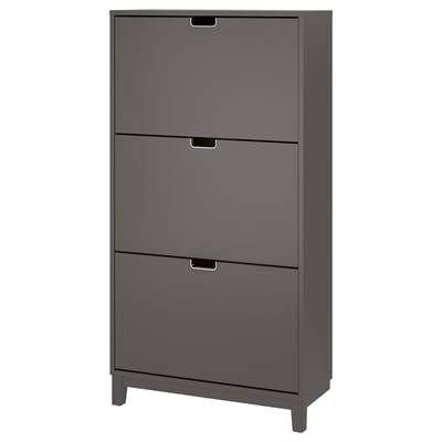 A dark grey STÄLL shoe cabinet with three tiers and cut-out handles for storage organisation.