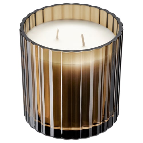 TOFSTÄRNA Scented candle in glass, 2 wicks, Fig leaf brown, 50 hr