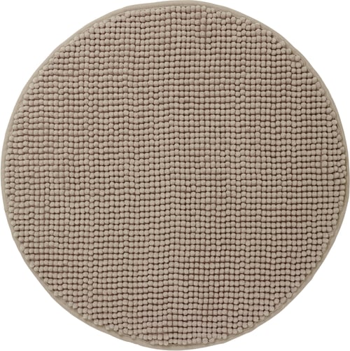 TOFTBO round bath mat, beige. Soft, recycled polyester, pebble-textured design. Machine-washable, quick-drying.