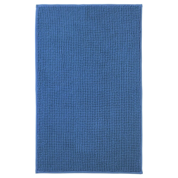 Blue, rectangular, soft TOFTBO bath mat, uniformly woven with microfiber.