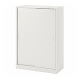 Off-white storage cabinet with sliding doors, modern design.