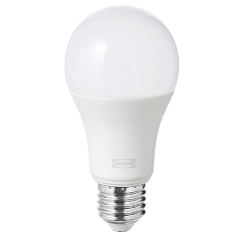 Ikea TRÅDFRI led bulb, white, spherical shape, made of polycarbonate plastic, suitable for smart home use.